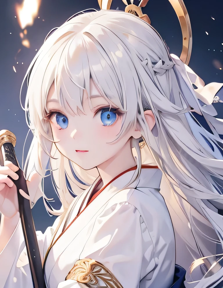 (8K, highest qualthaty, Tabletop:1.2)、Ultra-high resolution, Detailed face, One , blue eyes, blonde, Long Hair, White Hair, Miko costume, Japanese sword, geta, that',There is a fox, Japanese style(masterpiece,Highest quality,The finer details)