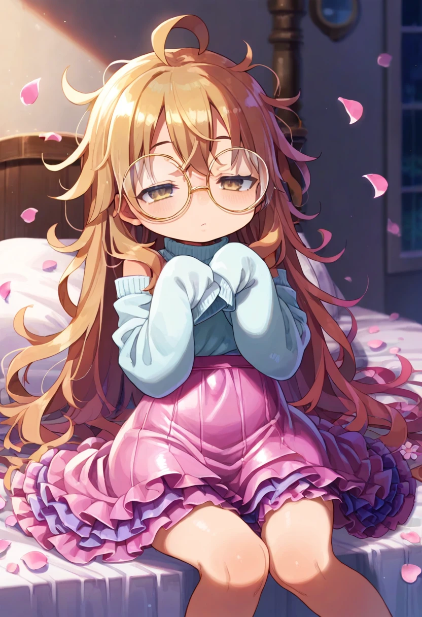 score_9, score_7_up, score_6_up, 1girl, source_cartoon, source_anime,breathtalking Scenery,watercolor,smooth soft skin, natural skin,anime screencap,mjm,rating_questionable
BREAK
(round glasses:1.5), (:1.6),ecru beige hair,(half closed eyes:1.1),beige eyes,kawaii,(highlight on eyes:1.1),(cute face:1.1),baby face,
BREAK
(sleeves past hands:1.6), (sleeves past wrists:1.3),(hands are hidden in sleeves:1.3),sleeves past fingers
BREAK
(excessive messy hair:1.4), excessive long messy hair with bed head, excessive long hair, antenna hair, (ahoge:1.2),sleepy,
BREAK
(Transparent pink scales skirt made of petals material:1.1),(lilac scales skirt inspired by flower petals:1.1),(emerge scales skirt fused with flower petals:1.5),pink turtleneck,flower Jabot,flower corsage,