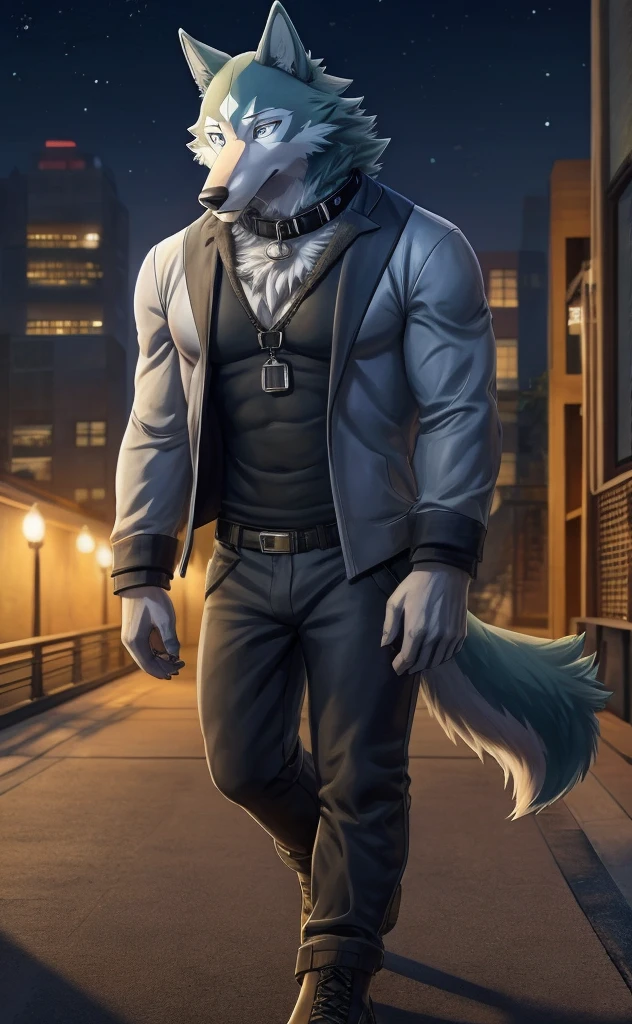Shirou has white fur accented by teal fur covering his back and the top of his head, He has gray fur on the bridge of his black nose, and a white diamond-shaped pattern on his forehead, He has a small, disheveled mane of fur around his neck that spills out all over, His eyes are still ice blue, and he still wears a light tan trench coat with the collar up, a black sweater, black cropped gloves, a pair of slim dark gray chinos, and dark brown chelsea ankle boots, Shirou wears a dark brown dog collar with a silver buckle around his neck clothes. anthro wolf, male, adult, muscles, blue fur, buffed body, tail, sexy, beefy body, furred body, furry chest hair, realistic, full body, photorealistic, ultra realistic, 8k, night, bare-chested