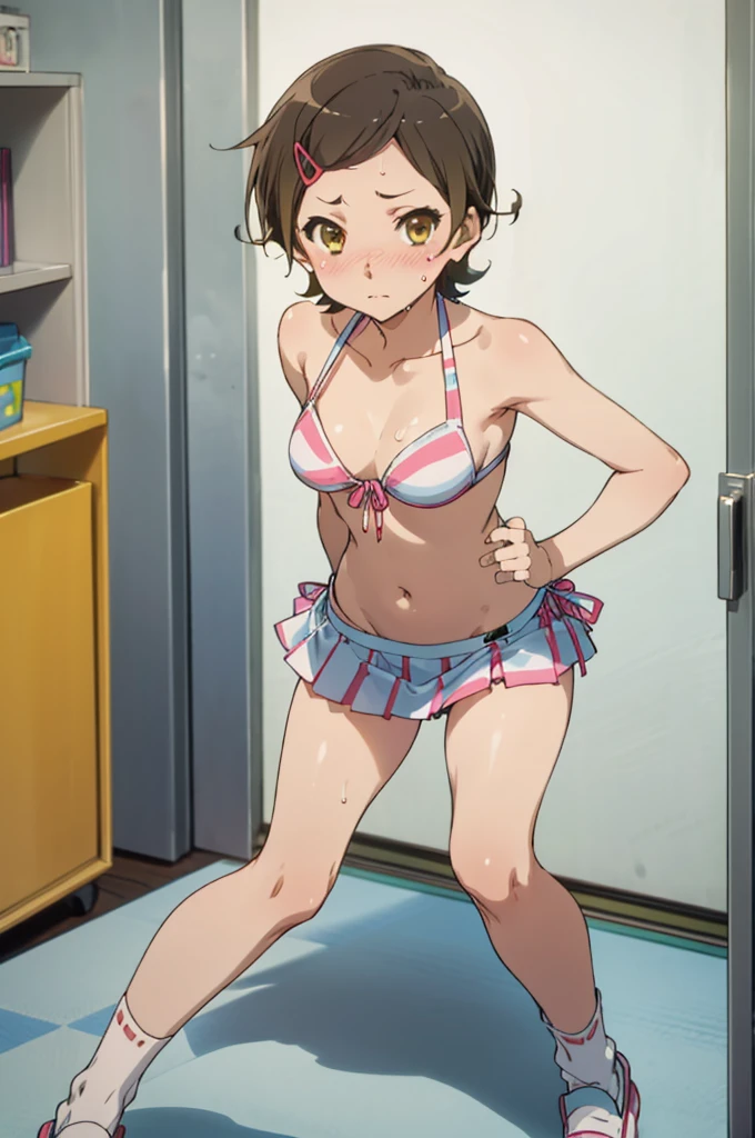 solo, 1girl, looking at viewer, bikini, hazuki katou, medium breasts,, looking at viewer, ,my room,miniskirt,blush,sweating,socks