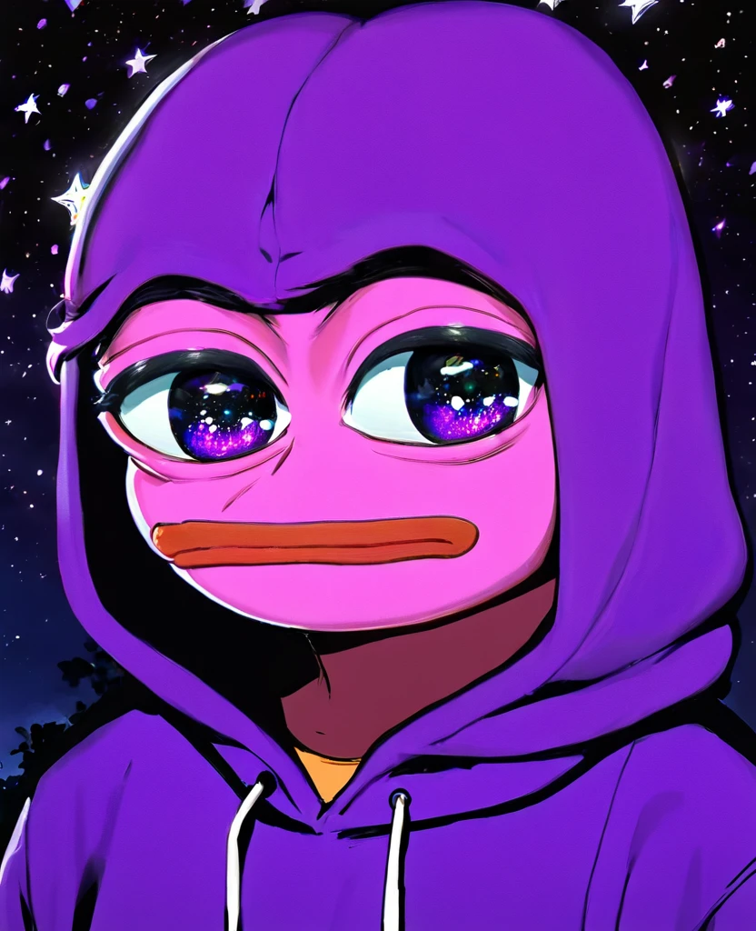rtrait of purple pepe the frog with purple skin,, wearing a hooded sweatshirt, standing in a starry night sky background, (((pepe_frog))),,detailed portrait, (best quality,8k,highres,masterpiece:1.2),ultra-detailed,digital painting,vibrant colors,dramatic lighting,fantasy,surreal, pepe the frog with purple skin