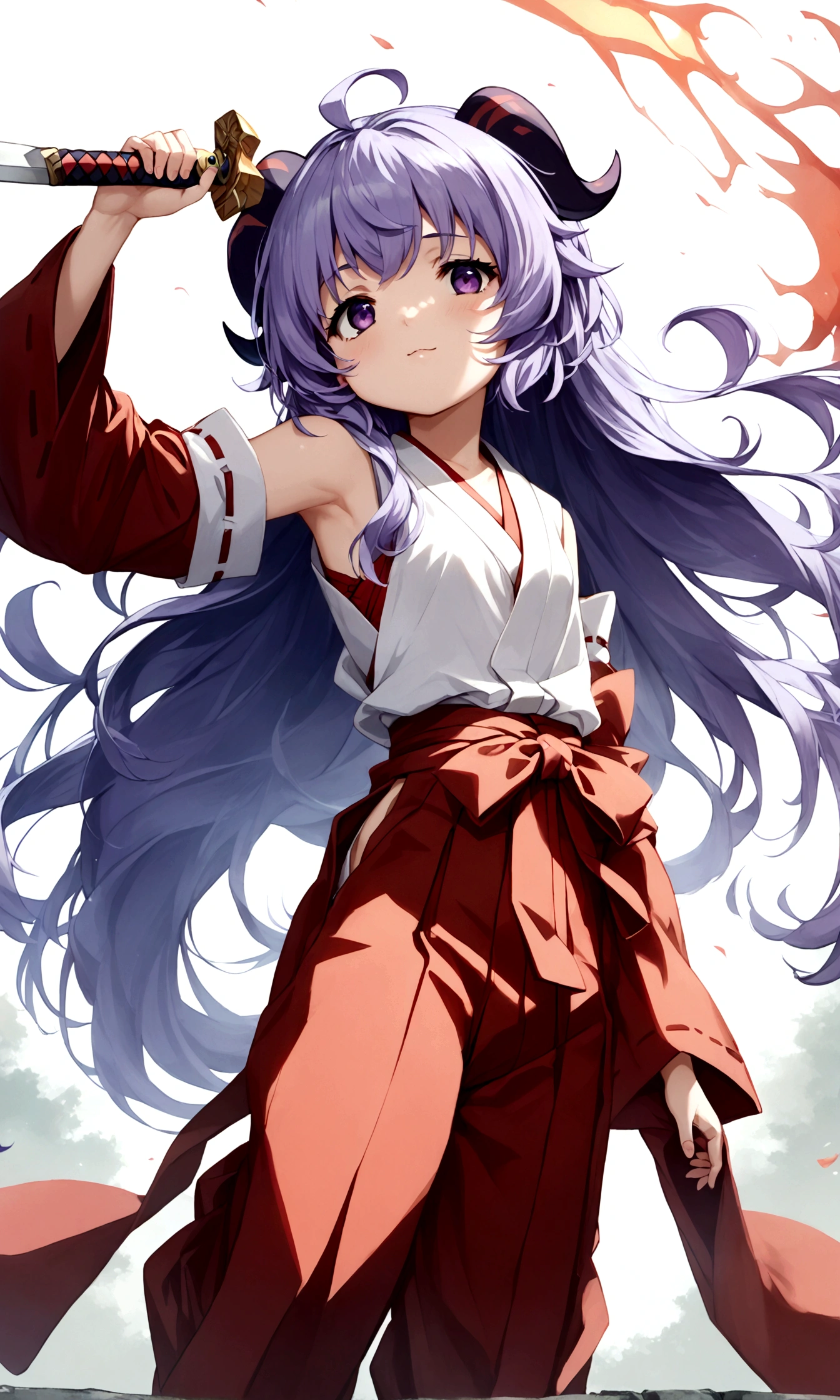 score_9, score_8_up, score_7_up, score_6_up, source_anime, anime screencap, anime coloring, 1girl, hanyuu, solo, (tween:1.2), kawaii, ((horns)), medium breasts, purple eyes, purple hair, long hair, simple background, white background, japanese clothes, miko, skirt, hakama, hakama skirt, red detached sleeves, red hakama, holding sword,