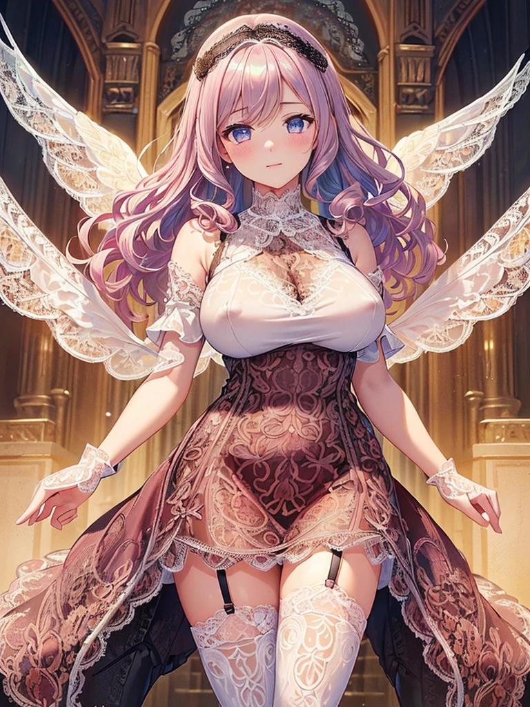 ((Highest quality)),(Ultra-high resolution),(Very detailed),(Detailed Description),((The best CG)),(A masterpiece),Ultra-detailed art,Amazing painting art,(Works with precise details:1.5), (1 female:1.6),(Beautiful and well-proportioned face:1.5),(Curly Hair:1.6),(Intricately detailed lace dress:2.0),Fine jewellery with exquisite detailing:1.5,Waist Accessories:1.5,Look at me and smile:1.5, (See-through nipples), Angel Girl, (((Magnificent white angel wings on his back:1.2))), Mature Woman,Descended into the church,(Pastel colored hair:1.3),(Red and black long high heel boots:1.4), (garter belt), (stockings)、 (Floating in the sky with magical powers:1.2),(Floating skirt:1.5), (Embarrassed expression, blush:1.2),(bracelet),(heart choker), (Iridescent eyes)、(full body)、(multiple views)