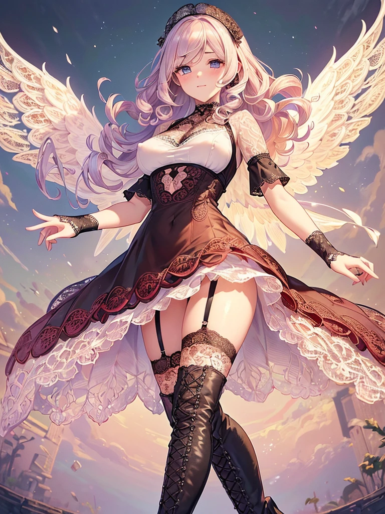 ((Highest quality)),(Ultra-high resolution),(Very detailed),(Detailed Description),((The best CG)),(A masterpiece),Ultra-detailed art,Amazing painting art,(Works with precise details:1.5), (1 female:1.6),(Beautiful and well-proportioned face:1.5),(Curly Hair:1.6),(Intricately detailed lace dress:2.0),Fine jewellery with exquisite detailing:1.5,Waist Accessories:1.5,Look at me and smile:1.5,  (See-through nipples), Angel Girl, (((Magnificent white angel wings on his back:1.2))), Mature Woman,Descended into the church,(Pastel colored hair:1.3),(Red and black long high heel boots:1.4), (garter belt), (stockings)、 (Floating in the sky with magical powers:1.2),(Floating skirt:1.5), (Embarrassed expression, blush:1.2),（bracelet),(heart choker), (Iridescent eyes)、(full body)、(multiple views)