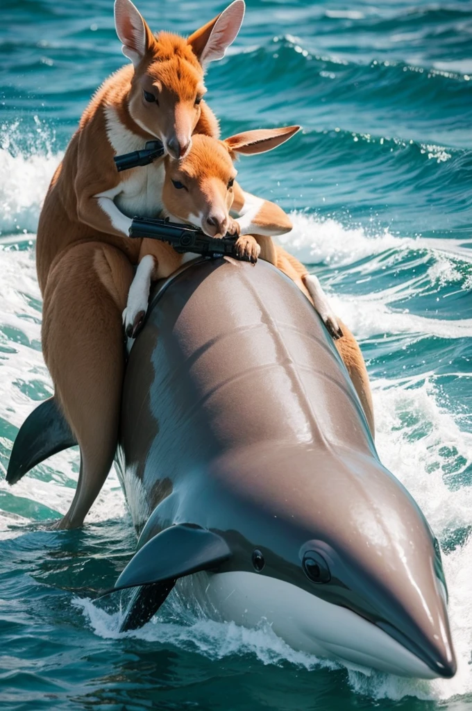 Animal kangaroo riding on a dolphin holding a gun