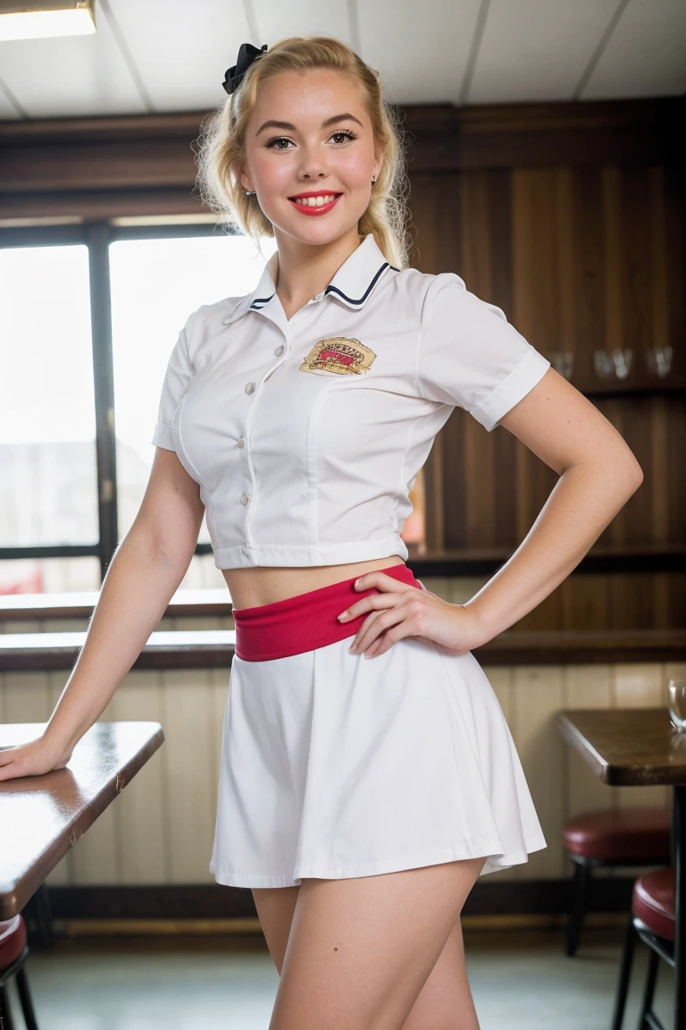 (best quality,4K,8K,high resolution,masterpiece:1.2),ultra-detailed,(Practical, photoPractical,photo-Practical:1.37), ((best quality)), ((masterpiece)), (detailed), 1950s blonde roller skating waitress in sexy short tight uniform, ((Tag with waiter's name'of the name)), ((Porosome)), 50s-inspired makeup and hair, ((Crowded 50's style restaurant)), ((Small breasts and hips)), ((Thin waist)), ((Classic 1950s curvy hourglass figure)), ((Classic facial features of American agers with long eyelashes)), Cheesecake Smile,And cute dimples, ((Turn red, Pink cheeks)), ((Mini skirt shows long legs)), Poppy Parish, Perfectly drawn eyes, ((Well drawn hands)), Perfect Teeth, ((Carefully drawn anatomical illustrations)), Looking from the bottom up, Looks tacky,