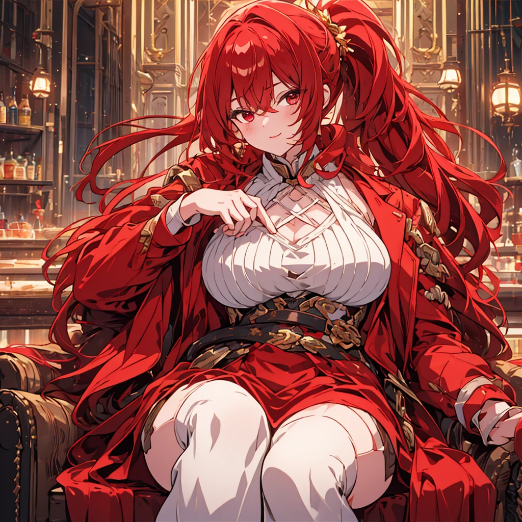 Crossing your legs, Anime style painting, An illustration, Liquor, バーに座ってカクテルを飲むwoman, look return, return, 背景の棚には多彩な色のLiquor瓶が並んでいる, Quiet bar, Calm expression, Perfect hands, elder, Redhead, Dignity at 50, ほろ酔いのwoman, alone、(Highly detailed returnground:1.0)、(Highly detailed returnground:1.0)、masterpiece、Highest quality、(Babes)、Fractal Art、Red eyes、Narrow eyes、Black and red dress, Reddish lips、From the shoulders up、smile、一人のwoman、Red Long Ponytail, Curly Hair, Red eyes,Golden accessories, alone, Big Breasts, woman, Take-out, Provocative laughter,40 year old woman,Queen of Sadism, Highly detailed returnground, Perfect Human Medicine,