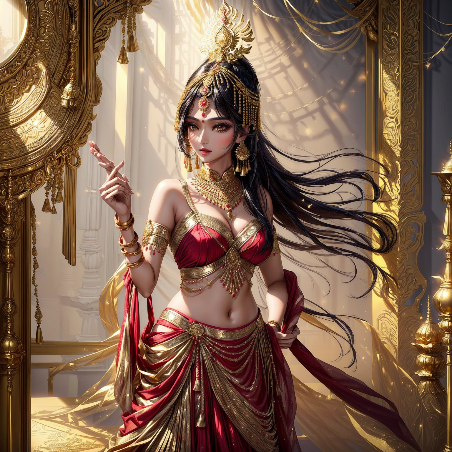 Fine gold jewelry , beautiful hands , ancient indian dress,,sparkling light,High resolution 84K,Woman in sari taking photo, indian goddess, traditional beauty, indian, beautiful goddess, elegant cosplay, indian style, indian super model, beautiful young woman, gorgeous woman, Southeast Asia that has existed for a long time, provocative indian, gorgeous beautiful woman, Intricate costume, Hindu Aesthetics, beautiful asian girl, A very detailed goddess., jaw-dropping beauty, , , sexy indian women, Ornate gold background,Glittering golden light,Golden ancient Indian palace pillars