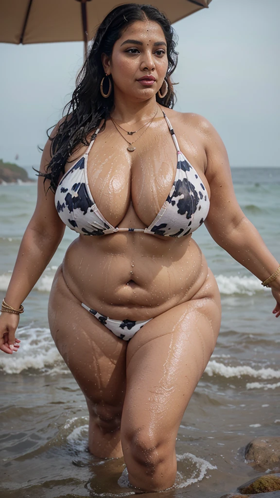 full body picture , BBW Wet curvy, wet Desi MOMMY showing her big ass in sexy sexy thong cow pattern bikini and showing cleavage and in nose ring, many bangles in hands,earings, necklace ,lipstick ,navel,Indian, Chubby, showing her curves in sea water, sea waves , rocks