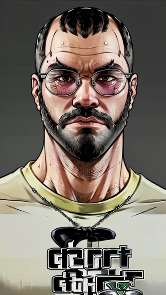 ((gta 5, grand theft auto 5 style)), in game graphics, a man with a shaved head and a big dark bushy beard, black rimmed eyeglasses