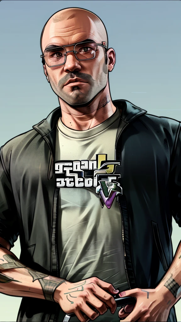 ((gta 5, grand theft auto 5 style)), in game graphics, a man with a shaved head and a big dark bushy beard, black rimmed eyeglasses