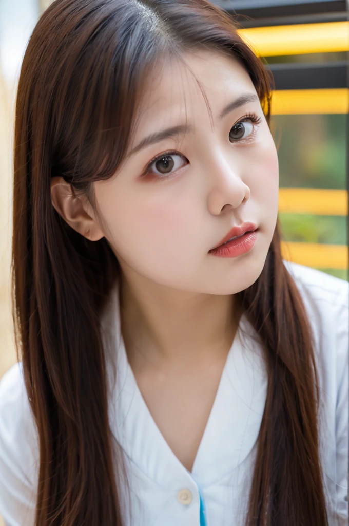 ulzzang-6500-v1.1, (RAW Photos:1.2), (Photorealistic), Beautiful detailed girl, (See-through:1.3), (Genuine: 1.4), Very detailed目と顔, Beautiful and fine details, Elegant long dress、Huge file sizes, High resolution, Very detailed, Highest quality, [masterpiece:1.6], Awareness-raising, Very detailed,  In detail, Highest quality, 8k wallpaper, Cinema Lighting, One Girl, 17 years old, Perfect figure, Cute droopy eyes、Duck mouth、Beautiful big eyes、((masterpiece)), Highest quality, One Girl, eye shadow, Upper Body, Portraiture, ((Full Body Shot:1.2))、