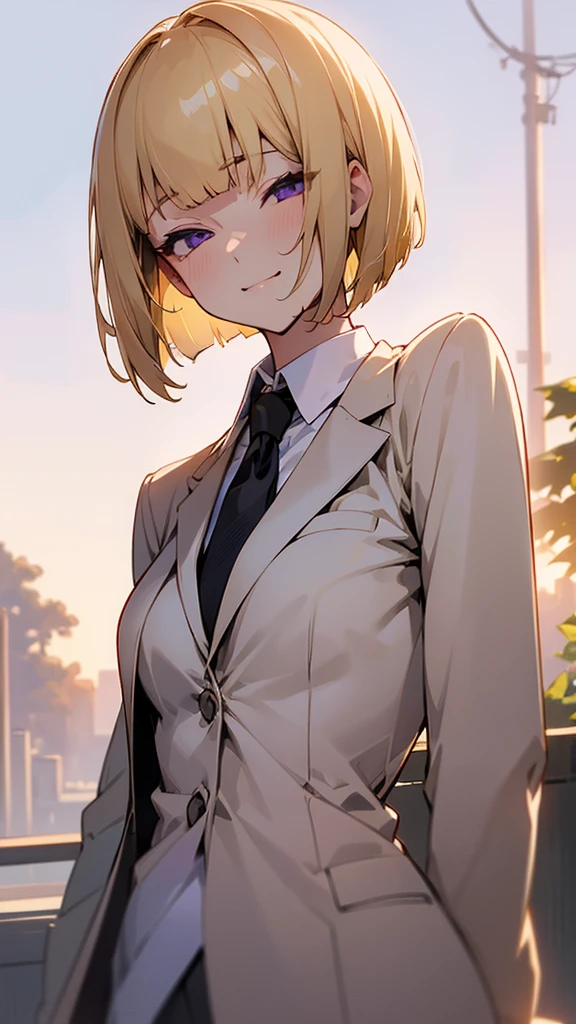 1 Girl、(blonde)、short hair、Bobcut、Blunt bangs、Beautiful purple eyes、Slender body、Upper body close-up、White shirt、Black work trousers、Black Fitted Blazer、Calm face、Mouth closed、Cheeky Smile、Squint your eyes、Park in the background、sunset、Soft lighting.