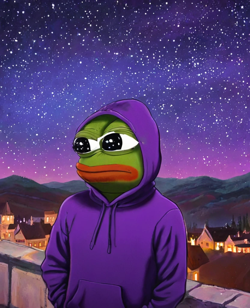 portrait of purple pepe the frog with purple skin,, wearing a hooded sweatshirt, standing in a starry night sky background, (((pepe_frog))),,detailed portrait, (best quality,8k,highres,masterpiece:1.2),ultra-detailed,digital painting,vibrant colors,dramatic lighting,fantasy,surreal, pepe the frog with purple skin