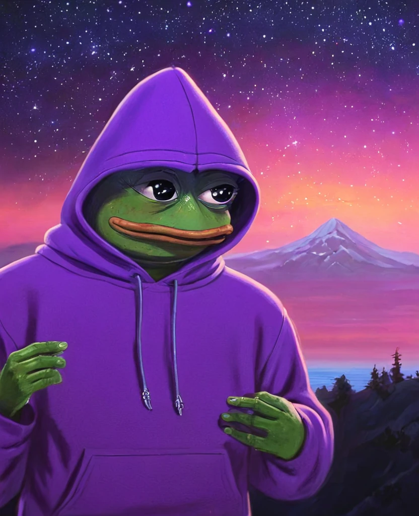 portrait of purple pepe the frog with purple skin,, wearing a hooded sweatshirt, standing in a starry night sky background, (((pepe_frog))),,detailed portrait, (best quality,8k,highres,masterpiece:1.2),ultra-detailed,digital painting,vibrant colors,dramatic lighting,fantasy,surreal, pepe the frog with purple skin