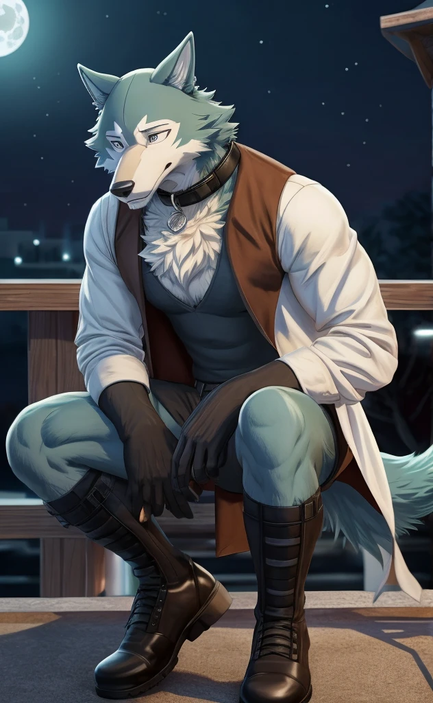 Shirou has white fur accented by teal fur covering his back and the top of his head, He has gray fur on the bridge of his black nose, and a white diamond-shaped pattern on his forehead, He has a small, disheveled mane of fur around his neck that spills out all over, His eyes are still ice blue, and he still wears a light tan trench coat with the collar up, a black sweater, black cropped gloves, a pair of slim dark gray chinos, and dark brown chelsea ankle boots, Shirou wears a dark brown dog collar with a silver buckle around his neck clothes. anthro wolf, male, adult, muscles, blue fur, buffed body, tail, sexy, beefy body, furred body, furry chest hair, realistic, full body, photorealistic, ultra realistic, 8k, night, bare-chested