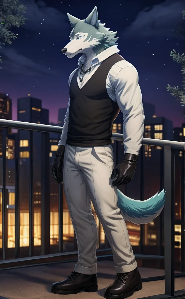 Shirou has white fur accented by teal fur covering his back and the top of his head, He has gray fur on the bridge of his black nose, and a white diamond-shaped pattern on his forehead, He has a small, disheveled mane of fur around his neck that spills out all over, His eyes are still ice blue, and he still wears a light tan trench coat with the collar up, a black sweater, black cropped gloves, a pair of slim dark gray chinos, and dark brown chelsea ankle boots, Shirou wears a dark brown dog collar with a silver buckle around his neck clothes. anthro wolf, male, adult, muscles, blue fur, buffed body, tail, sexy, beefy body, furred body, furry chest hair, realistic, full body, photorealistic, ultra realistic, 8k, night, bare-chested