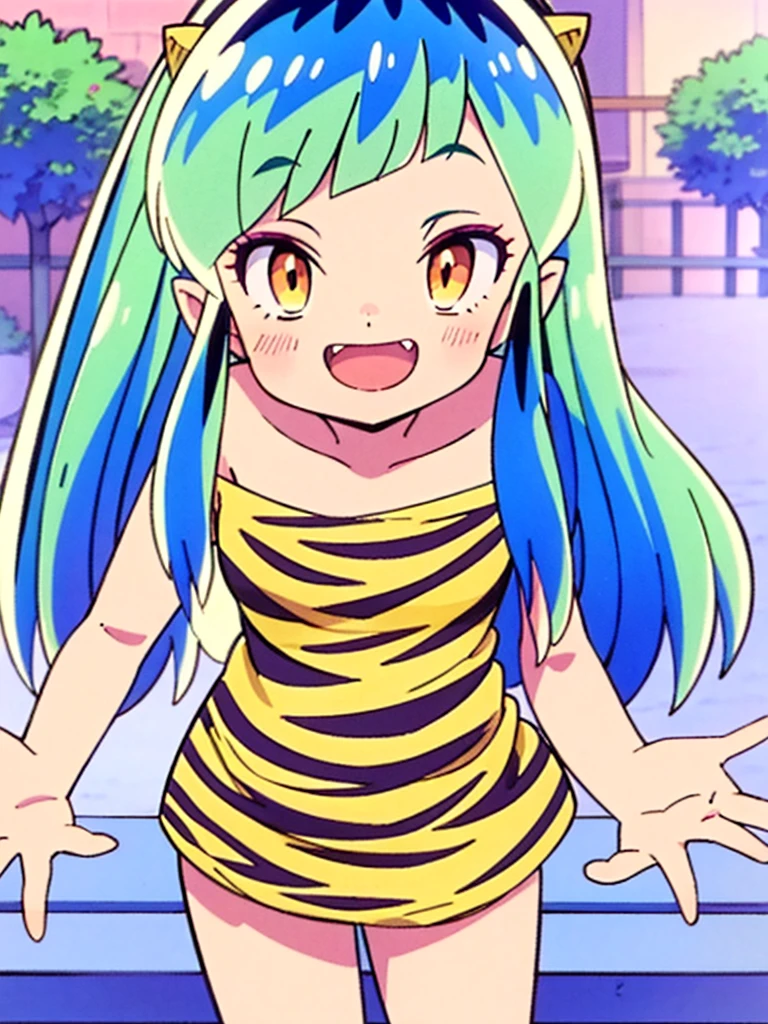 (masterpiece, high quality, 16k anime quality, anime style, retro art style, clean brush strokes, very detailed, perfect anatomy), (front view, from below), solo girl, (Ram), cute girl body, (beautiful eye detail), yellow eyes, (multi-colored hair, aqua blue hair, long hair, thick unevenly parted bangs), open mouth, smiling, cowboy shot, collarbone, (girl dress, children's clothing, leopard print), (dancing, fluttering, looking forward), looking at viewer, (park background, on a bench),