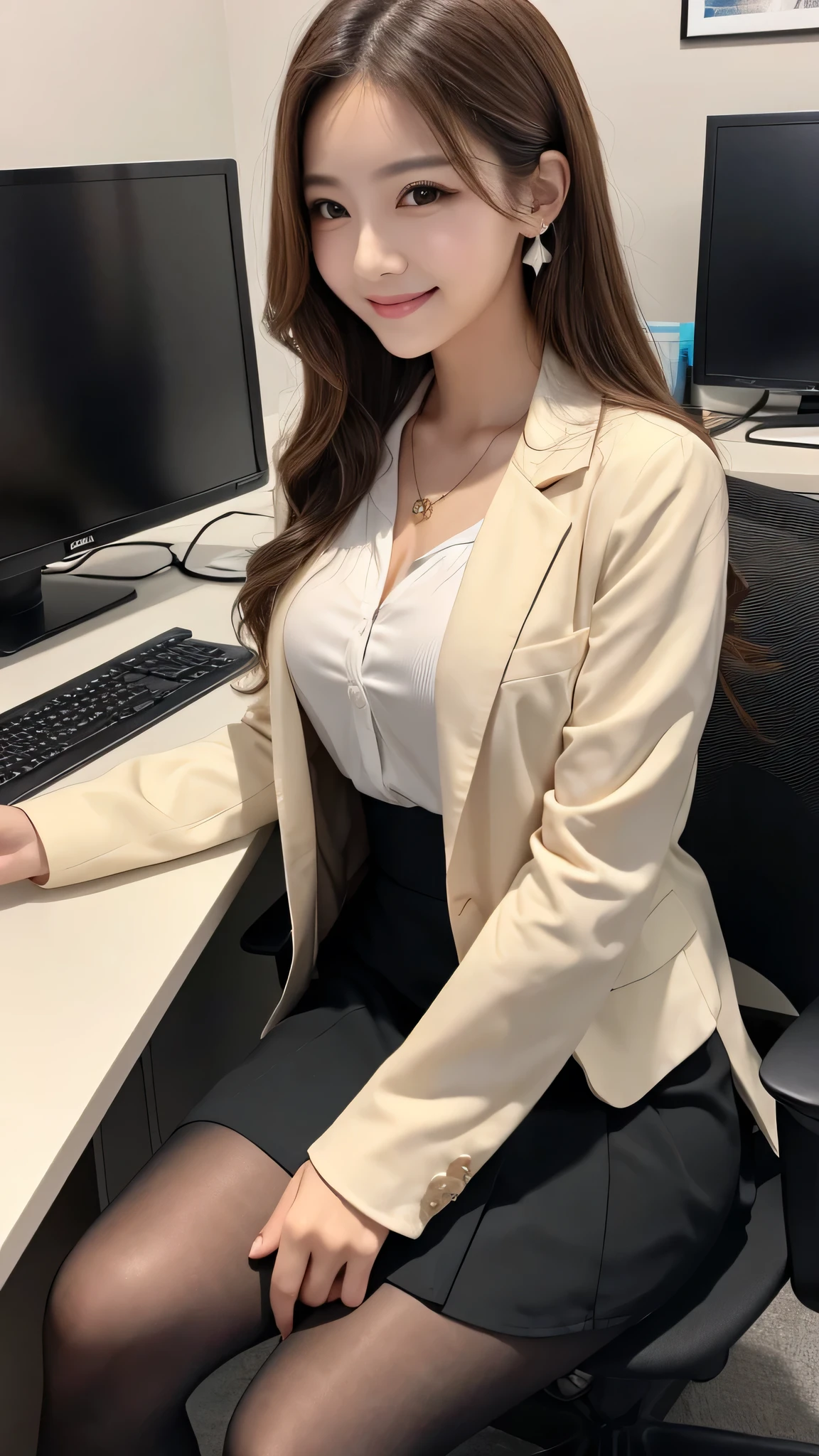 Beautiful young woman、Woman sitting on chair in office、Full body photo、 Light brown hair、、Wavy Hair、Working in front of a computer、Necklace around the neck、Office Lady Suits、Jacket、Unbuttoned shirt、Knee-length skirt、tights、pumps、Flashy makeup、smile、Beautiful teeth alignment、short hair、Intricate details, Very detailed:1.2), 、 Looking into the camera,The background is the office、Necklace around the neck、Dark eyeliner、ear piercing
