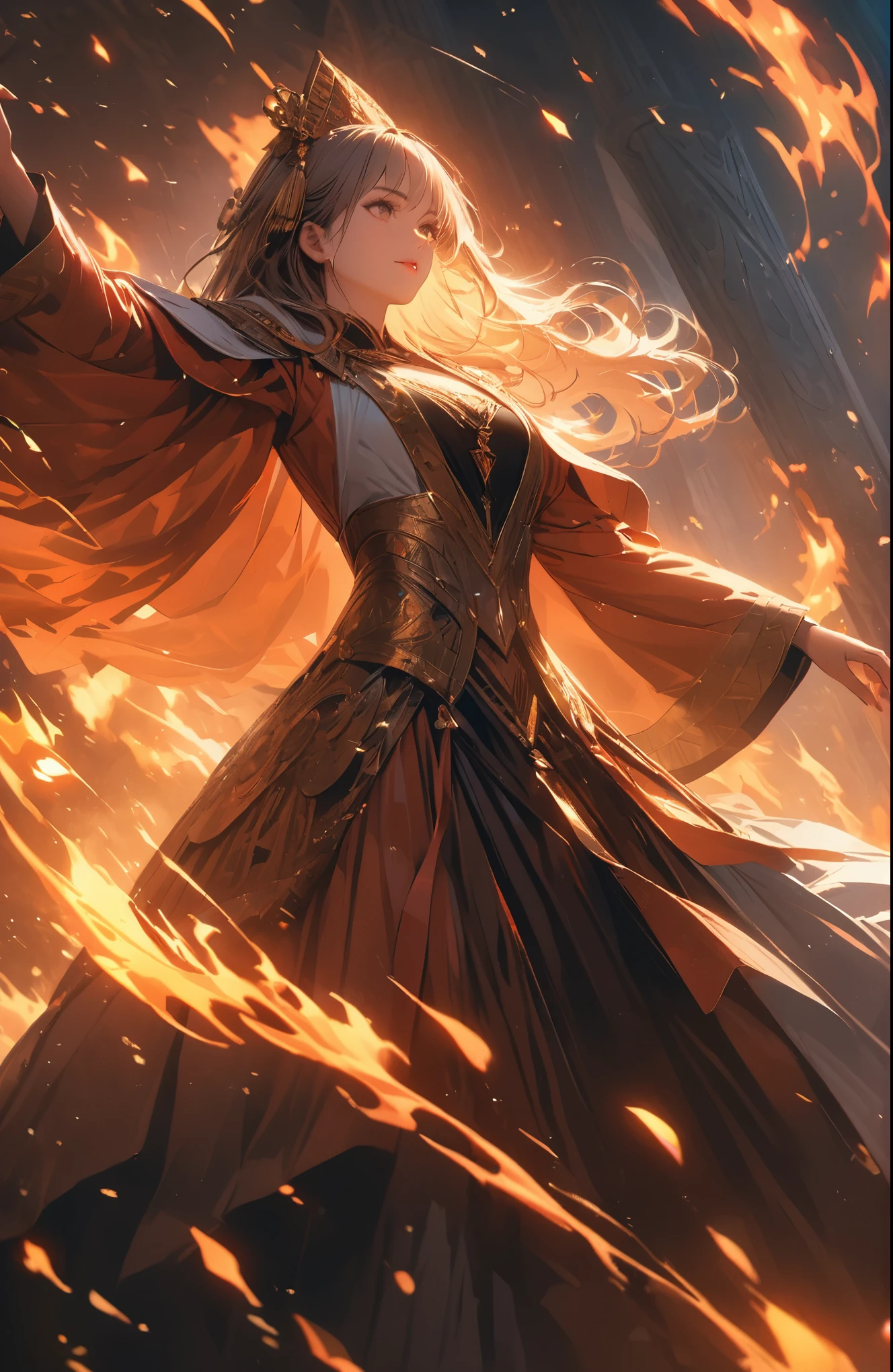 a beautiful fire priestess dancing amidst spectacular swirling flames, dramatic lighting, extreme detail, 8k, intricate ornate costume, elegant pose, intense fiery colors, volumetric lighting, photorealistic, cinematic composition, masterpiece, hyper detailed, ultra realistic