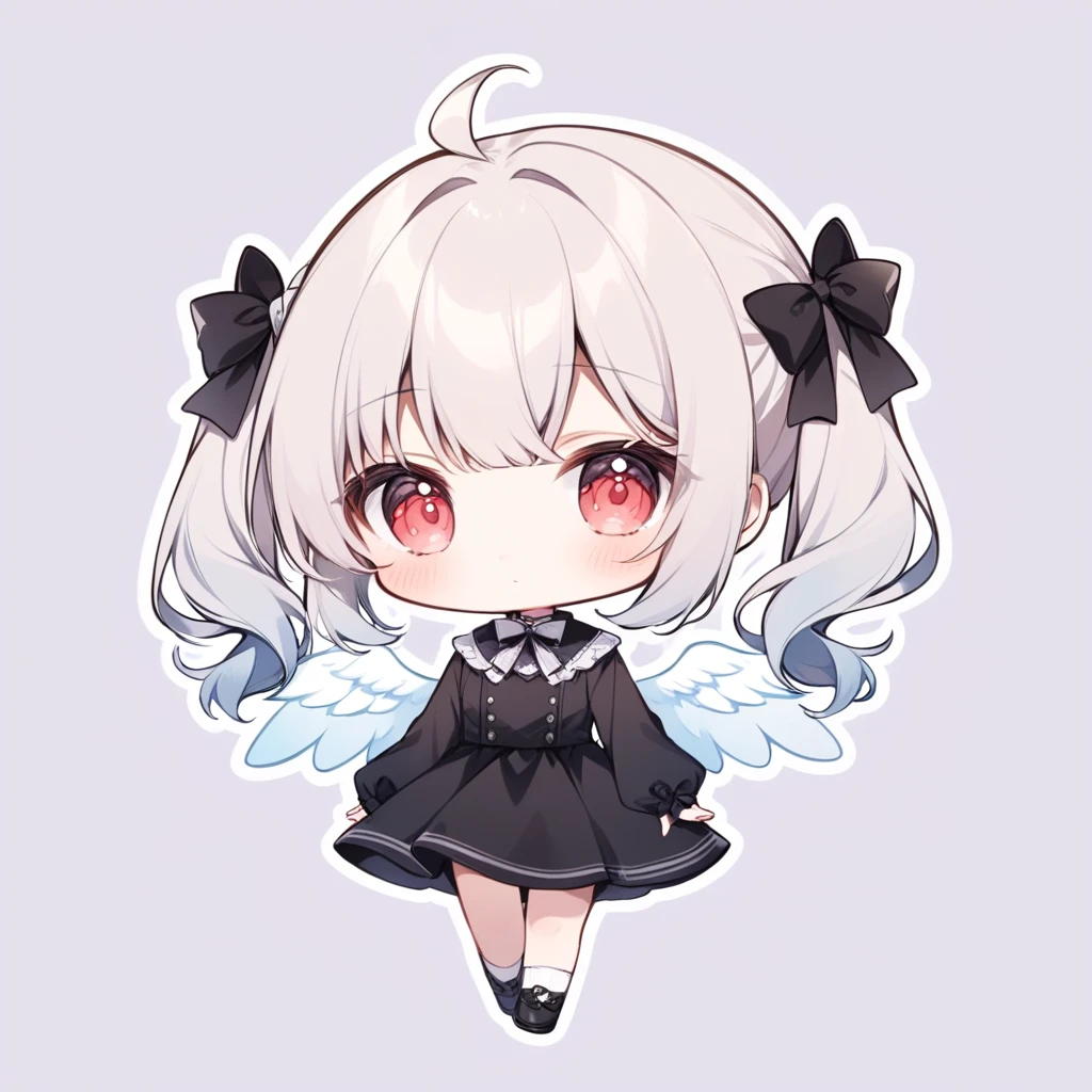 pastel colors, chibi, (little angel:1.5), 1girl, red eye, twin tails, silver hair, ahoge, black ribbon, black dress