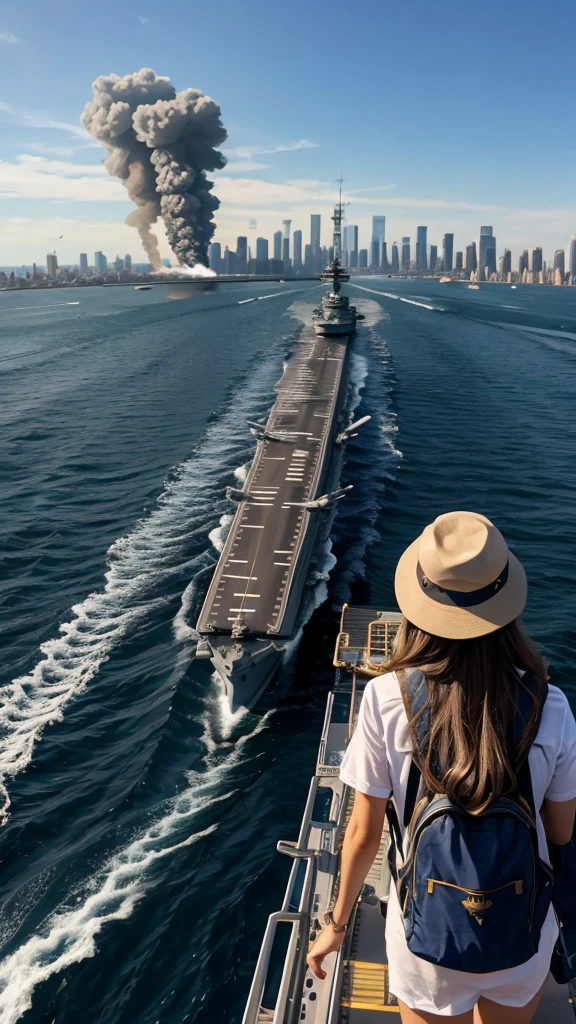 First person pov. Aboard a modern us navy aircraft carrier, gazing at manhattan island as it burns after a foreign attack