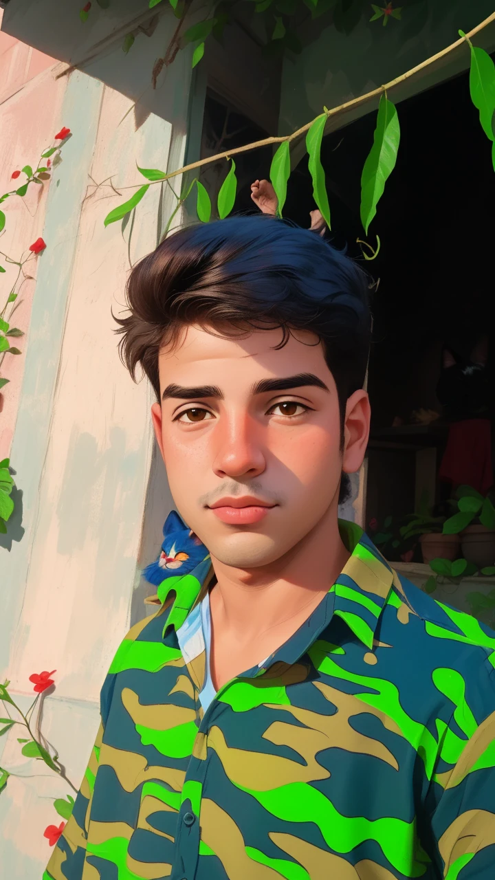 Retrato realista de um menino de sete anos, Ele usa uma camisa vermelha . Your face is and exploratory . Ele sai cautelosamente para o jardim da casa, A small cat is among the bushes and he touches it cautiously ,Not facing the camera,, Hair is messy ,