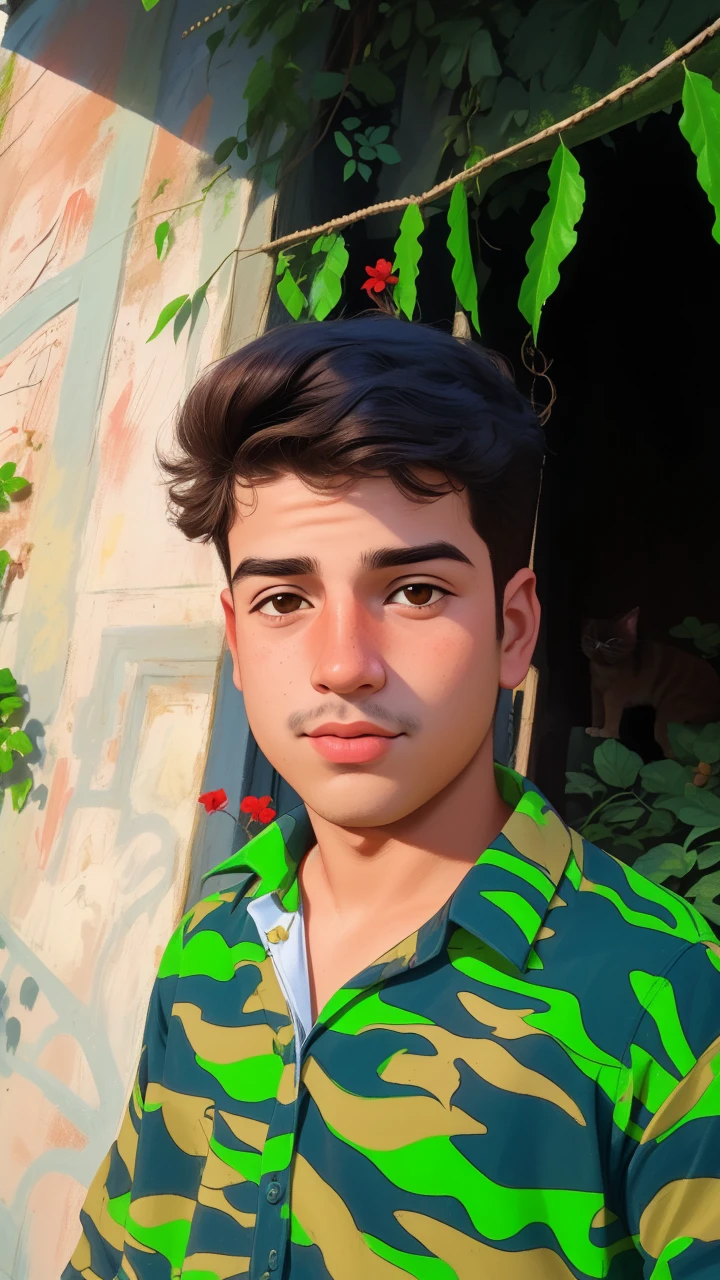 Retrato realista de um menino de sete anos, Ele usa uma camisa vermelha . Your face is and exploratory . Ele sai cautelosamente para o jardim da casa, A small cat is among the bushes and he touches it cautiously ,Not facing the camera,, Hair is messy ,