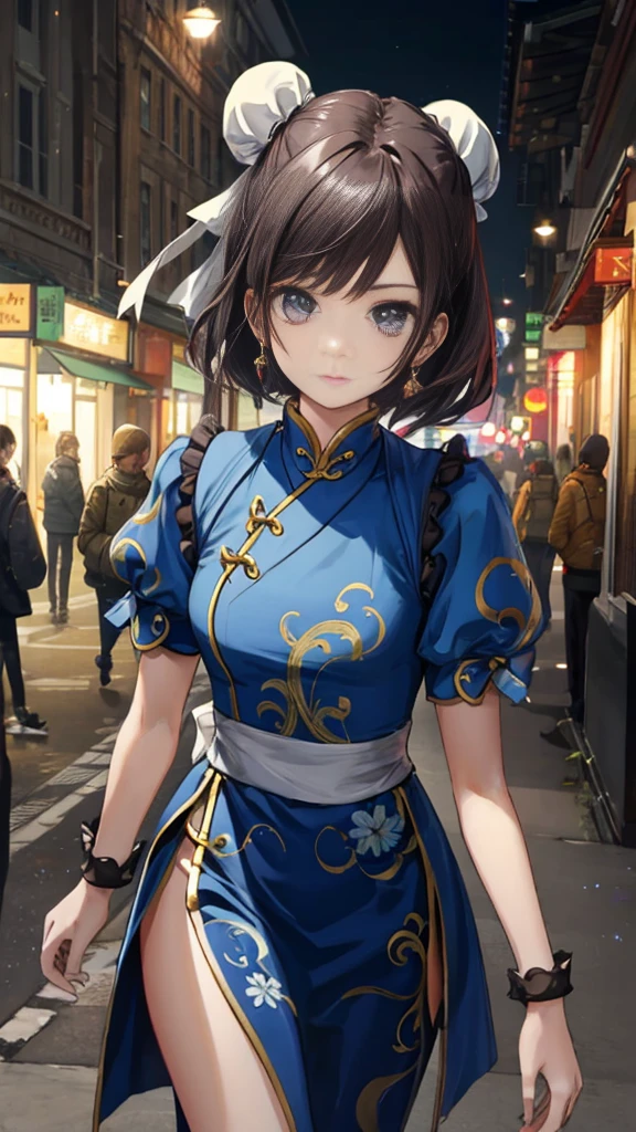 chun-li,((masterpiece)), ((best quality)), ((ultra detailed)), ((kawaii)), cute, (lovely), ((extremely detailed)), ((8K)), (beautiful),flat breast, tiny breast,full body