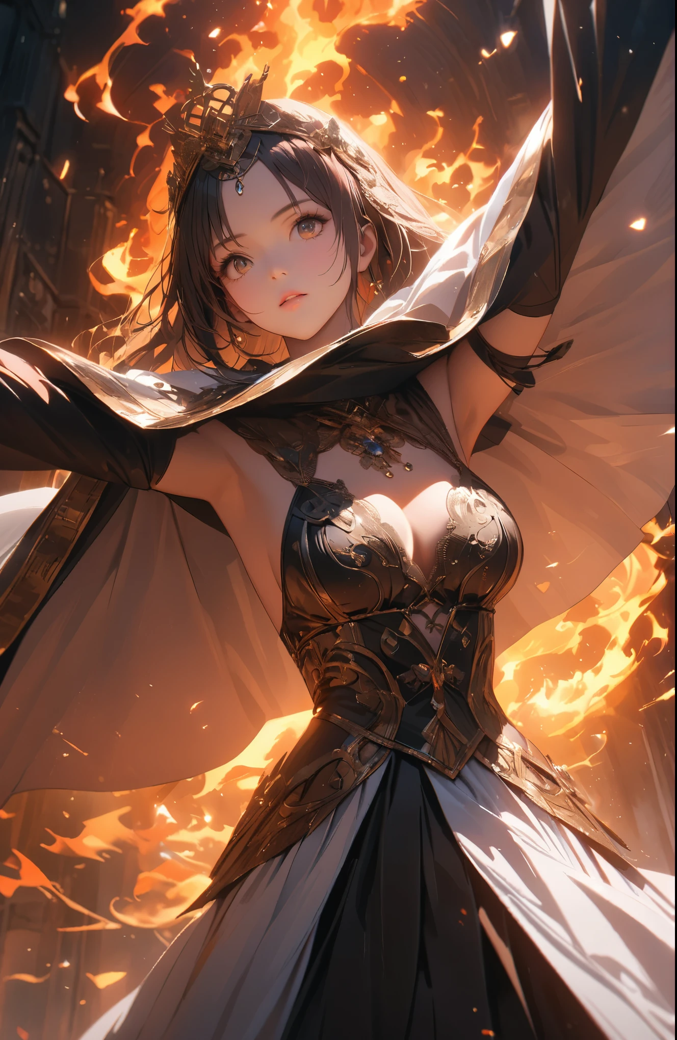 a beautiful fire priestess dancing amidst spectacular swirling flames, dramatic lighting, extreme detail, 8k, intricate ornate costume, elegant pose, intense fiery colors, volumetric lighting, photorealistic, cinematic composition, masterpiece, hyper detailed, ultra realistic,cute