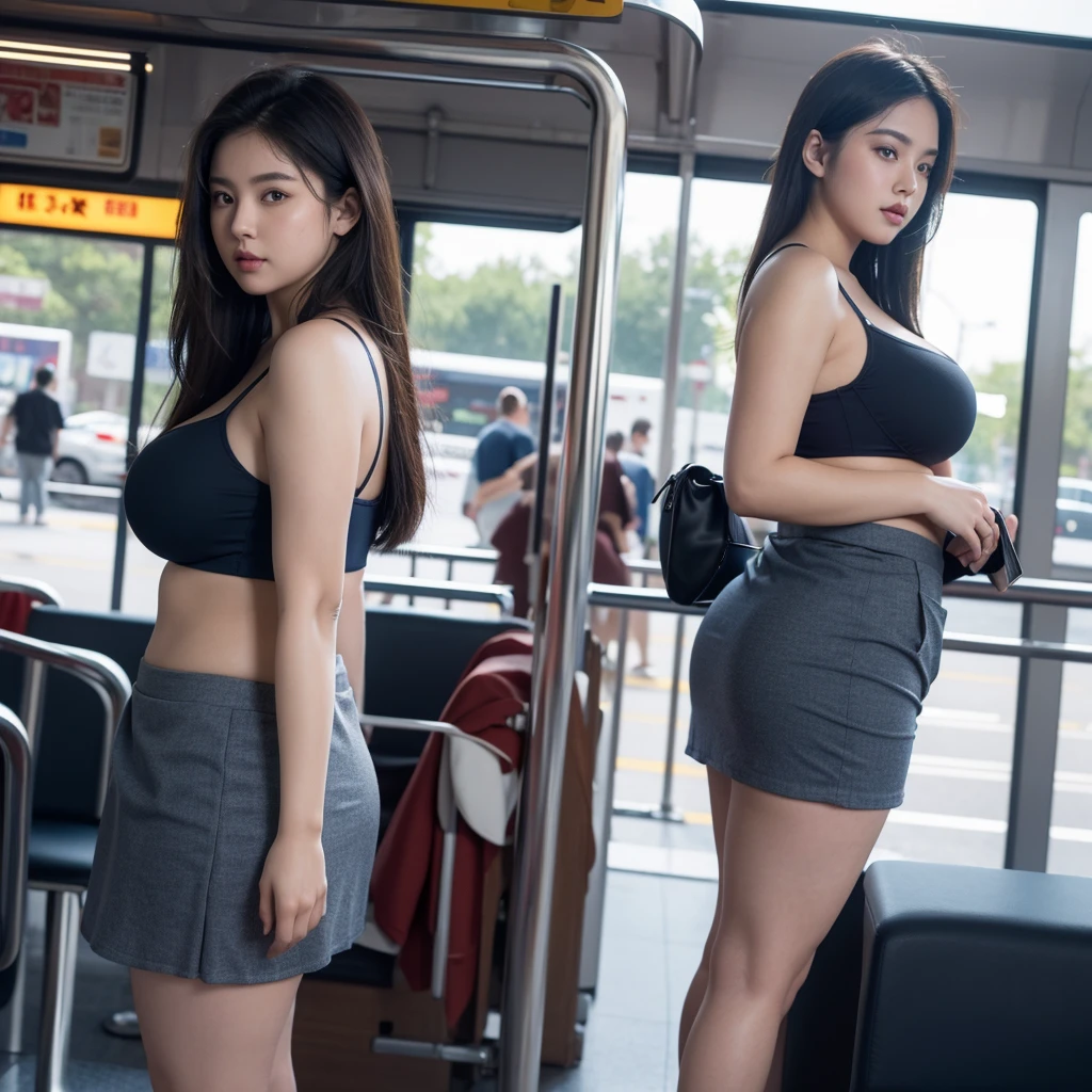 surrealism, High detail, Cinematic lighting, Ray tracing, angle of view, Eye level shots, hyper HD, Masterpiece, Textured skin, 8K, Best quality,standing at the Bus station, ubarn center, ,looking forward to the camera,wearing navy blue bra,and short small skirt tight,  plump,very biggest fat body size, obese biggest body, round,biggest ,biggest chubby assrpulent biggest body sized,1girl 