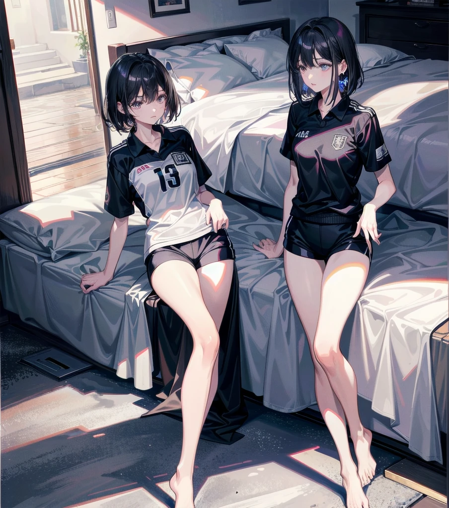 absurdres, RAW photo, extremely delicate and beautiful, masterpiece, Best Quality, ultra high resolution, 32k, hyperrealistic, ultra-detailed, Very detailed CG 8k wallpaper, Beautiful Lighting, Perfect Lightning, Realistic Shadows, perfect anatomy, super Detailed skin, Japanese woman, late 20s, very Slim body, narrow waist, very small head, handsome detailed woman, very detailed eyes and face, realistic face proportions, Stunning detailed eyes, Realistic beautiful face, very small face, Realistic small beautiful eyes, tearful mole, earring, beautiful and very thin legs, beautiful and very thin thighs, very huge round breasts, medium hair, black hair, full body shot, (volleyball uniform:1.2), (shorts), bed,