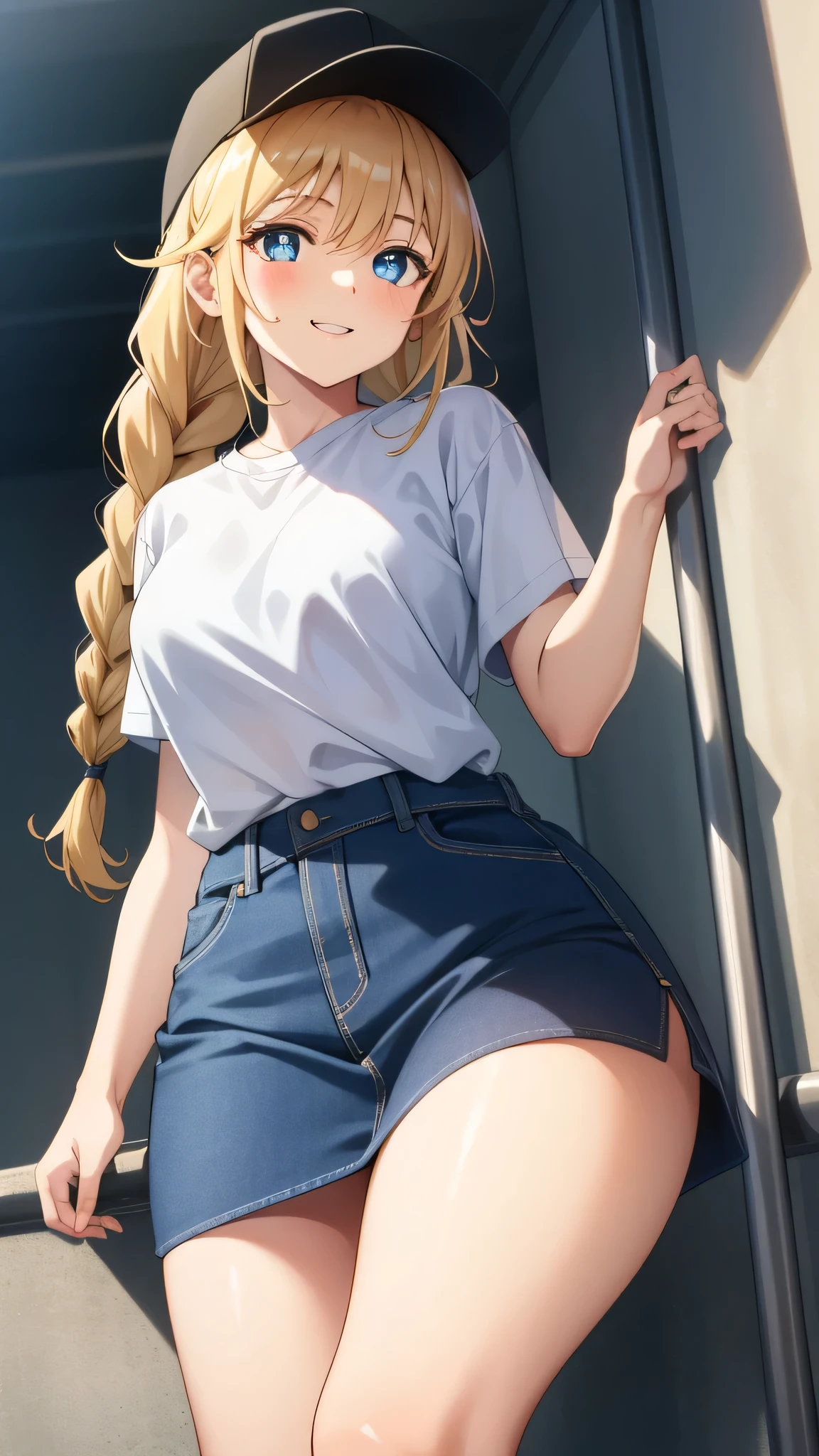 {{{masterpiece}}}, {{{best quality}}}, {{ultra-detailed}}, {illustration}, {{an extremely delicate and beautiful}}, (beautiful detailed eyes:1.6), extremely detailed face, 8k, anime face, Eiko Tsukimi(Ya Boy Kongming!), 1girl, solo, long hair, twin braids, braid, blonde hair, bangs, blush, hat, black headwear, baseball cap, blue eyes, medium breasts, thin waist, big hips, curvaceous, plump thighs, open clothes, denim, shirt, denim skirt, white shirt, shirt tucked in, short sleeves, microskirt, blue microskirt, BREAK, sorriso alegre, visual anime de uma jovem mulher, extremamente bonito rosto de anime, anime melhor garota, sorriso astuto