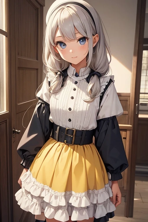(Yellow and white two-tone dress:1.2)、Elf、Gray Hair、Medium Hair,Low twin tails, (Beautiful girl at 10 years old:1.6)