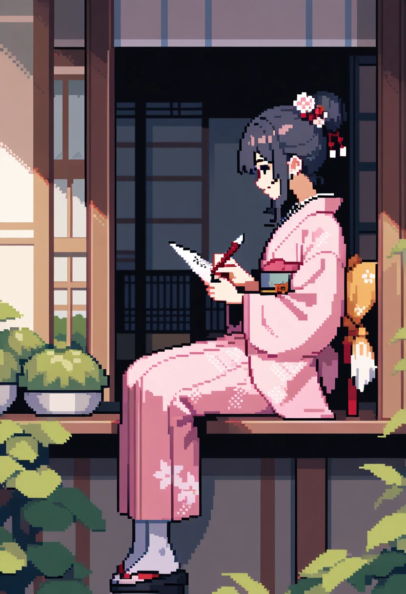 masterpiece, best quality, very aesthetic, absurdres, newest, 1girl, solo, smile, sitting, japanese clothes, kimono, hair bun, obi, single hair bun, pink kimono, paintbrush, calligraphy brush, long hair, black hair, Japanese-style house, balcony, profile, brush, paper, writing haiku, nature, garden ,pixel art, pixelart,