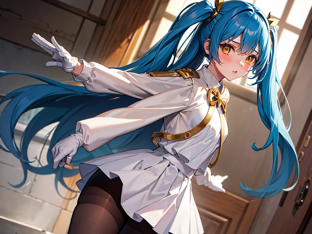 1girl, solo, long hair, breasts, looking at viewer, blush, bangs, skirt, shirt, gloves, long sleeves, twintails, blue hair, standing, jacket, yellow eyes, white shirt, pantyhose, cowboy shot, parted lips, shiny, indoors, white gloves, miniskirt, black skirt, black pantyhose, capelet, white jacket, pencil skirt, shiny clothes, brown pantyhose, white capelet,looking back
