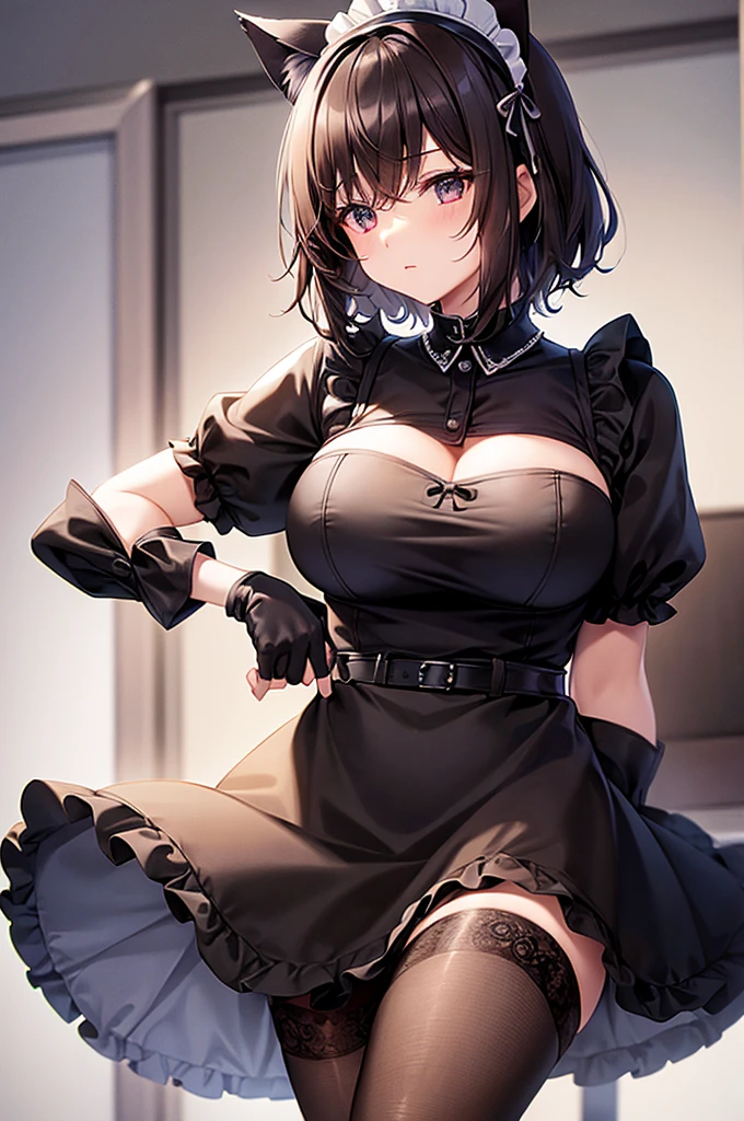 woman,Bob Hair,Large Breasts,Maid clothes,Short sleeve,I can see the valley.Cute black gloves,Cat ears headband,Wear tights,Dark brown hair,Large Breasts,maid Cafe