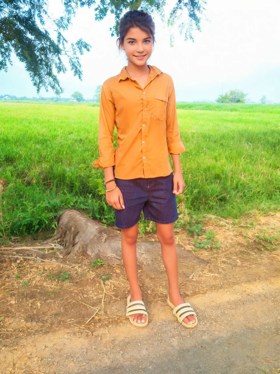 masterpiece, best quality, ultra-detailed), portrait of an 13-year-old woman with light brown hair, curled green eyes, beige blouse and blue jeans smiling blue shorts sung from under a tree (leaning against the tree) and reading a brown book -auto utra realistic --