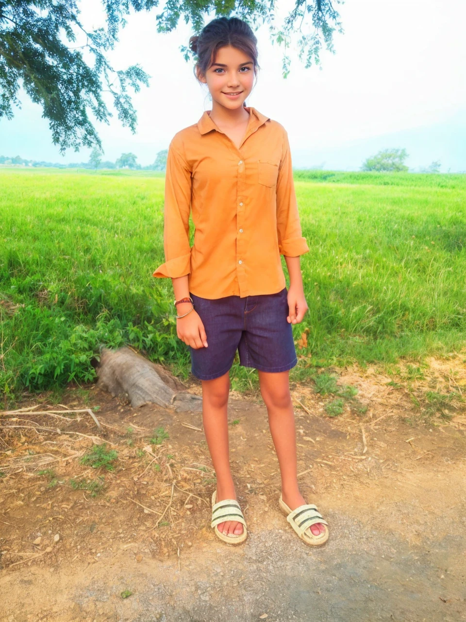 masterpiece, best quality, ultra-detailed), portrait of an 13-year-old woman with light brown hair, curled green eyes, beige blouse and blue jeans smiling blue shorts sung from under a tree (leaning against the tree) and reading a brown book -auto utra realistic --