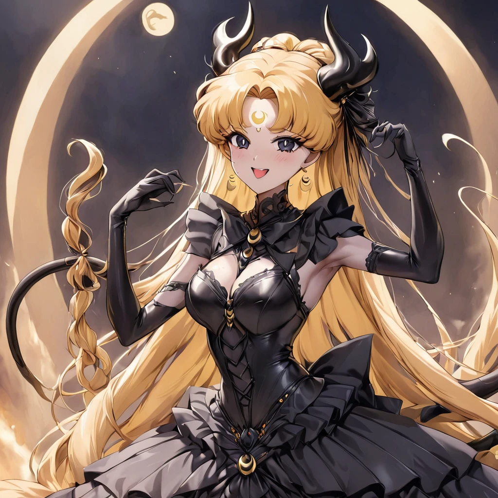 ((Highest quality)), ((masterpiece)), (detailed), （Perfect Face）、The woman is the Dark Queen of the Black Moon of the Black Moon Clan, the Demon Queen Black Serenity, and the woman is the sexy, jet-black-skinned demon princess Serenity.、The woman is a jet-black female demon with magnificent devil horns, jet-black devil wings, and a jet-black tail. Her skin is jet-black, and she has a black inverted crescent moon mark on her forehead. She is a devil bride wearing a gorgeous black Gothic Victorian wedding dress and a black wedding veil. She is the jet-black demon Princess Serenity, and has blonde hair with a happy expression as she looks at the camera.２The expression of a girl in love with her long hair tied up、Woman is Black Serenity、Punishment pose on behalf of the moon