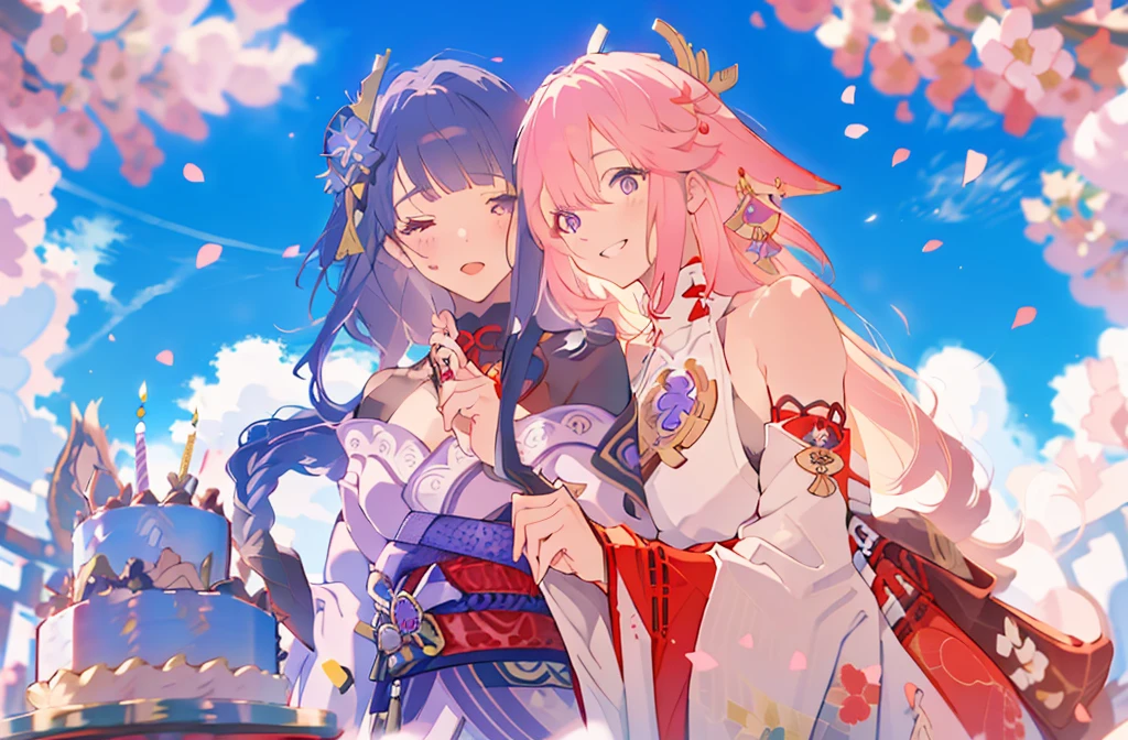 masterpiece, best quality,raiden shogun, multiple girls, 2girls, yae miko, pink hair, urple hair, japanese clothes, long hair, animal ears, hair ornament, fox ears, detached sleeves, kimono, ((birthday cake)) sakura trees, sakura petals