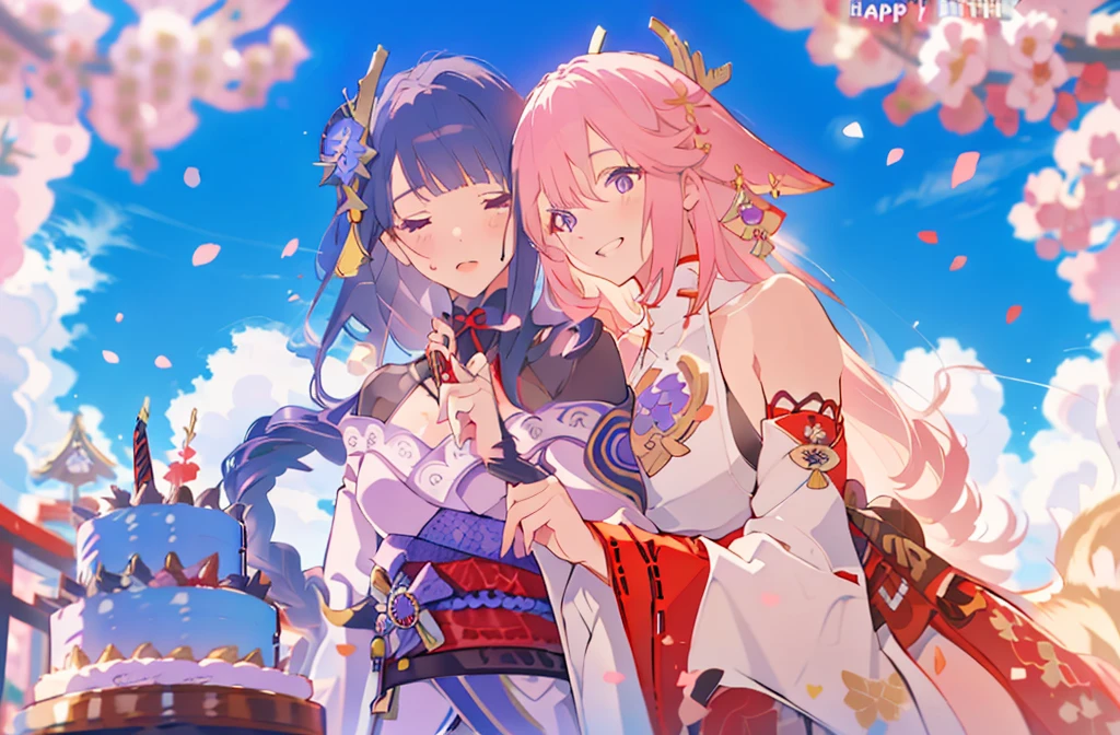 masterpiece, best quality,raiden shogun, multiple girls, 2girls, yae miko, pink hair, urple hair, japanese clothes, long hair,  animal ears,  hair ornament, fox ears, detached sleeves, kimono, ((birthday cake)) sakura trees, sakura petals