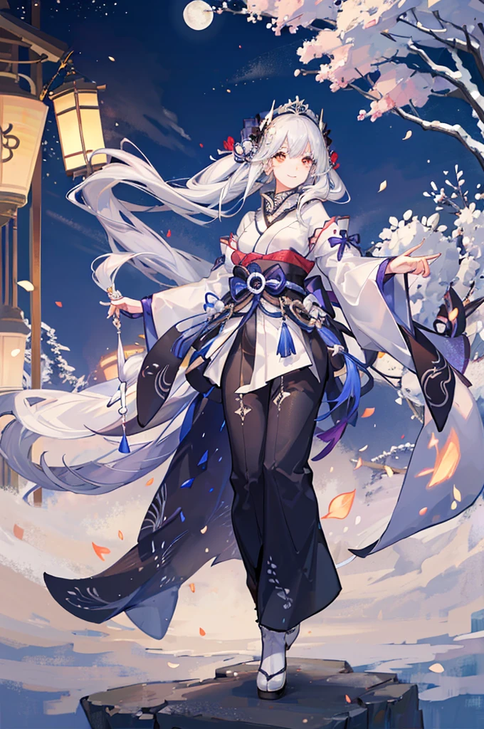 1girl, ghost girl, silver hair, white eyes, white skin, smile, long hair, flies, levitates in the air, white sheet, white cape, ghost, ghostly, translucent, holds a lantern, japanese lantern, night, the moon, objects are flying