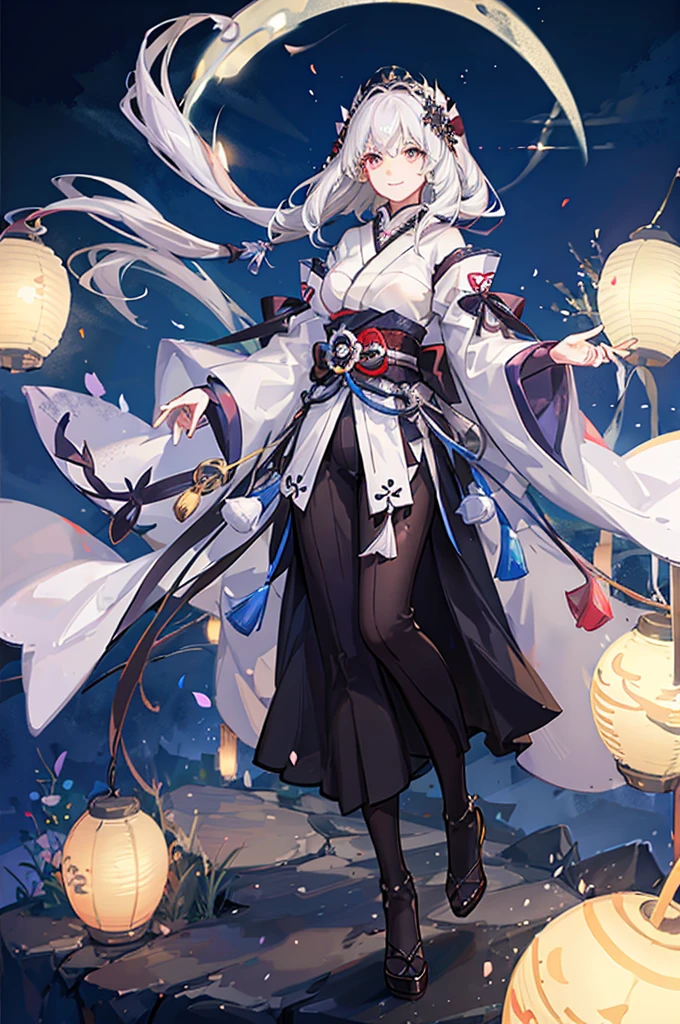1girl, ghost girl, silver hair, white eyes, white skin, smile, long hair, flies, levitates in the air, white sheet, white cape, ghost, ghostly, translucent, holds a lantern, japanese lantern, night, the moon, objects are flying