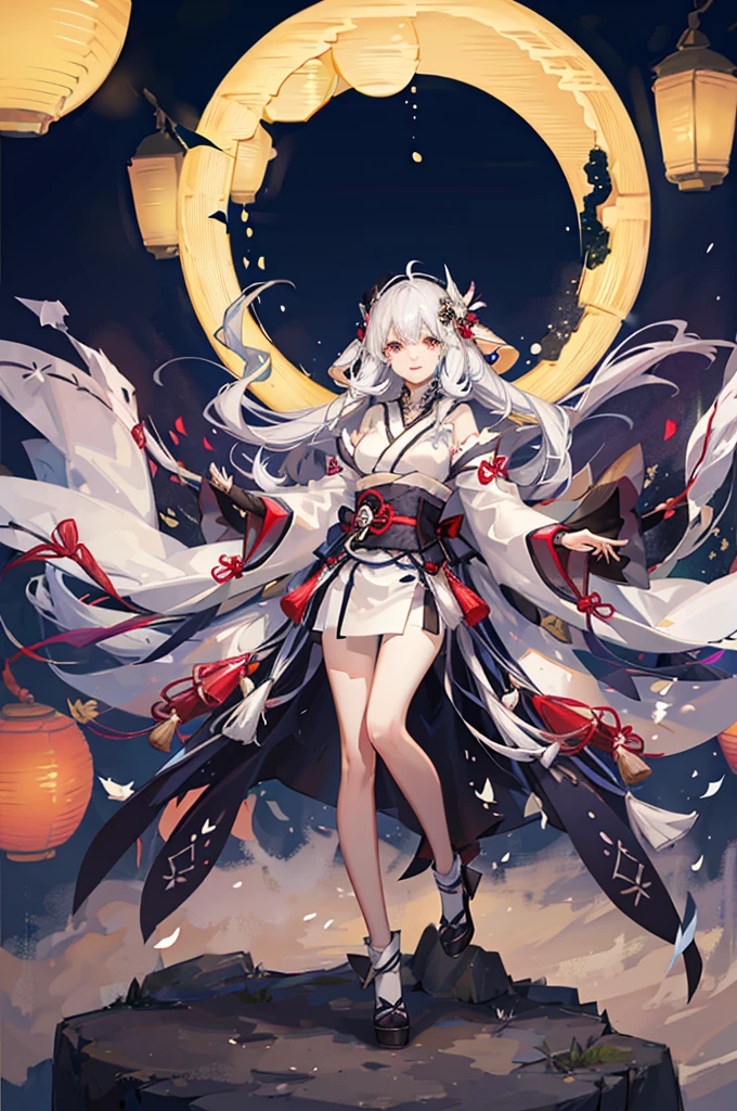 1girl, ghost girl, silver hair, white eyes, white skin, smile, long hair, flies, levitates in the air, white sheet, white cape, ghost, ghostly, translucent, holds a lantern, japanese lantern, night, the moon, objects are flying