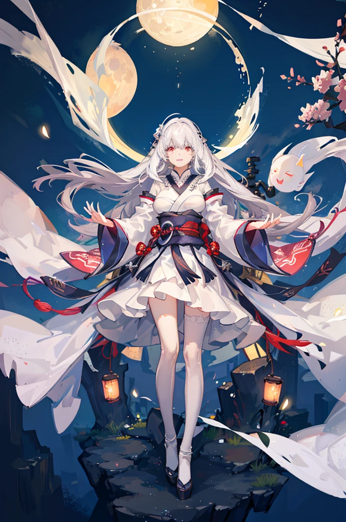 1girl, ghost girl, silver hair, white eyes, white skin, smile, long hair, flies, levitates in the air, white sheet, white cape, ghost, ghostly, translucent, holds a lantern, japanese lantern, night, the moon, objects are flying