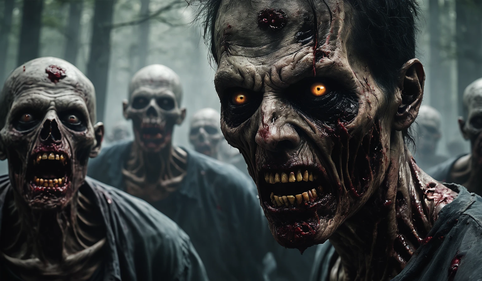 create a dark apocalyptic scenario where a sinister zombie with details of exposed wounds on his face is staring at his prey, make the zombies look sinister as they are rotting due to time, focus from the waist up, around this zombie make several others trying to surround someone the main zombie is staring at, keep the focus only on the main zombie and leave the others around it blurred.