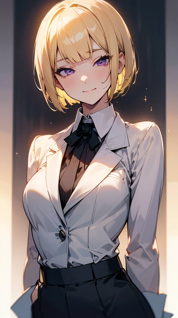 1 Girl、(blonde)、short hair、Bobcut、Blunt bangs、Beautiful purple eyes、Slender body、Upper body close-up、White shirt、Black work trousers、Black Fitted Blazer、Calm face、Mouth closed、Cheeky Smile、Squint your eyes、Park in the background、sunset、Soft lighting.