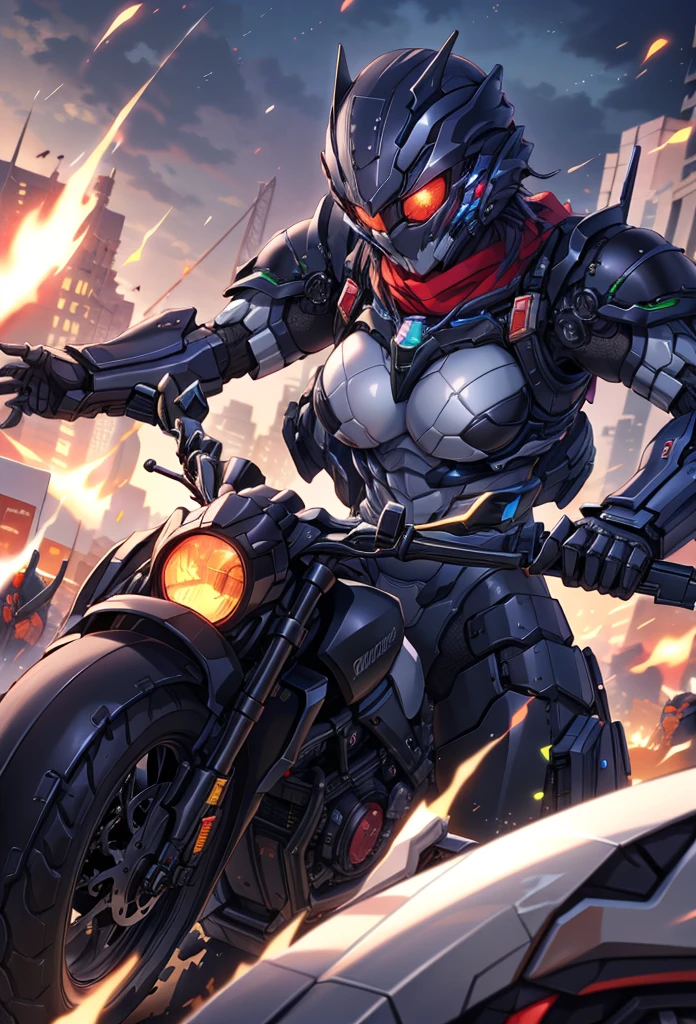(masterpiece:1.2), best quality, high resolution, extremely detailed CG, absurdres, highres,1girl, solo, ((breasts)), black powersuit,  black armor, on a cyber motorcycle, red_scarf, mecha_armored, mecha_belt, headgear