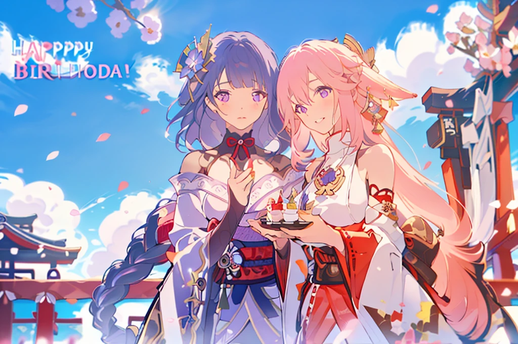 masterpiece, best quality,raiden shogun, multiple girls, 2girls, yae miko, pink hair, urple hair, japanese clothes, long hair, animal ears, hair ornament, fox ears, detached sleeves, kimono, ((birthday cake)), japanese temple, japan, sakura petals